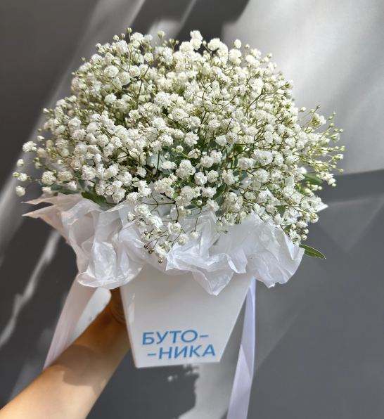 Композиция в брендовой сумке с белой гипсофилой